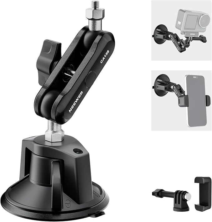 NEEWER Suction Cup Phone Holder & Camera Mount Compatible With GoPro DJI Insta360 iPhone, Car Phone Mount with Action Camera Adapter 360° Magic Arm for POV Windshield Glass Vlog Video Recording, CA158