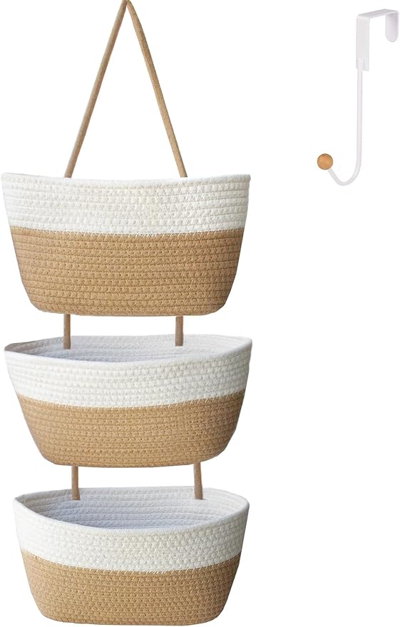 Over the Door Hanging Basket for Organizing 3 Tiers Woven Cotton Rope Wall Mount Storage basket Decorative Kitchen Hanging Or