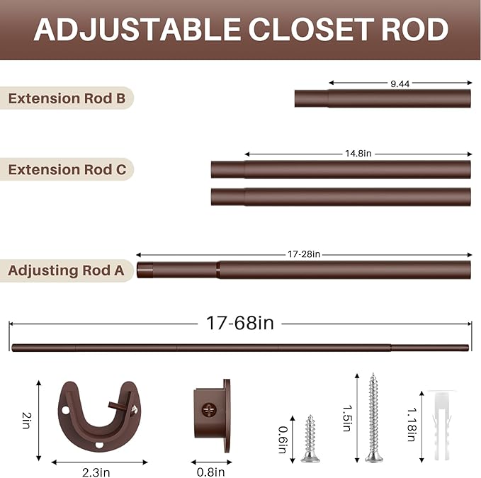 Closet Rod - Closet Rods for Hanging Clothes, 17 to 68 inch Adjustable Closet Hanging Rod, Heavy Duty Clothes Rod Clothing Ba