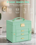 AKOZLIN 4-Tier Jewelry Box Leather Jewelry Storage Organizer with 3 Drawers Lockable for Women Girls Ring Necklace Earring Br