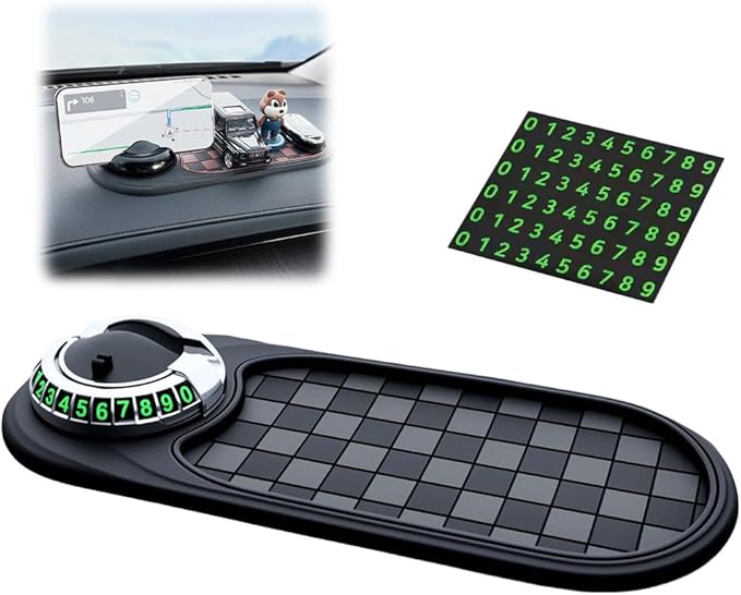 Multifunction Car Anti-Slip Mat, Non-Slip Dashboard Storage Pad with 360° Rotatable Phone Holder & Temporary Parking Number, 