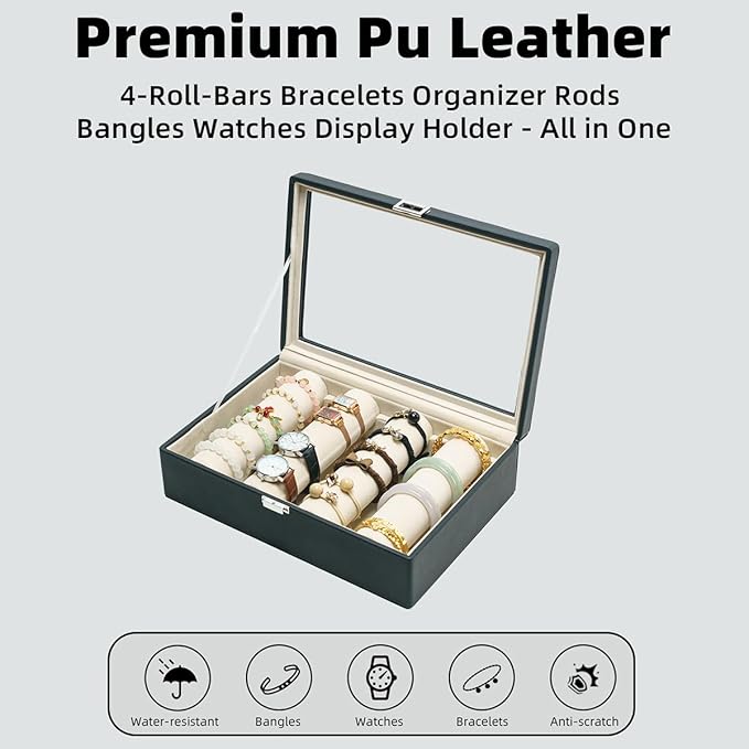 Bracelets Organizer Rods Bangles Display Holder, Clear See through Lid Leather Velvet Jewelry Storage Box Case for Women, 4 R