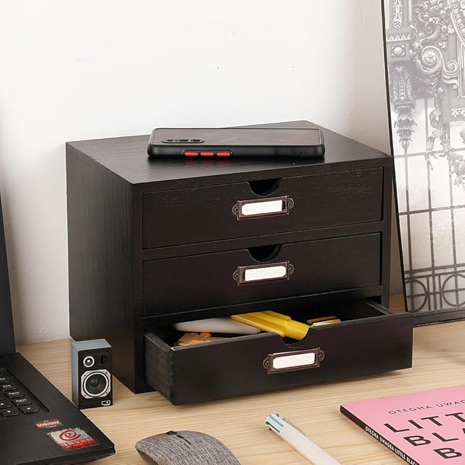 Wooden Storage Box Rustic Desktop Organizer with 3 Drawers Office Desk Accessories Shelf Small Craft Storage Containers Apoth