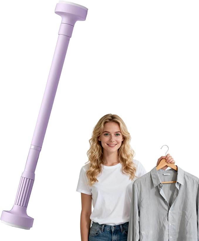 Adjustable Telescopic Closet Rod, No-Drill Pressure Mount Hanging Bar, Space-Saving Extendable Clothes Rail (Purple, 110-190c