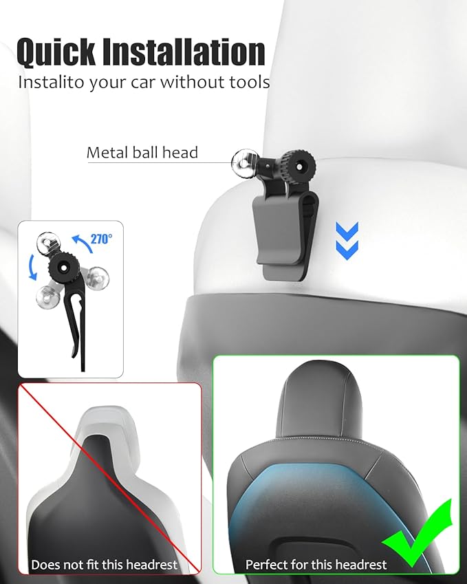 Tesla Back Seat Tablet Mount for Model 3/Y, [Anti-Drop] Tesla Headrest iPad Holder with 360° Adjustable Road Trip Essentials for Kids Fits All 4.7-12.9'' Devices