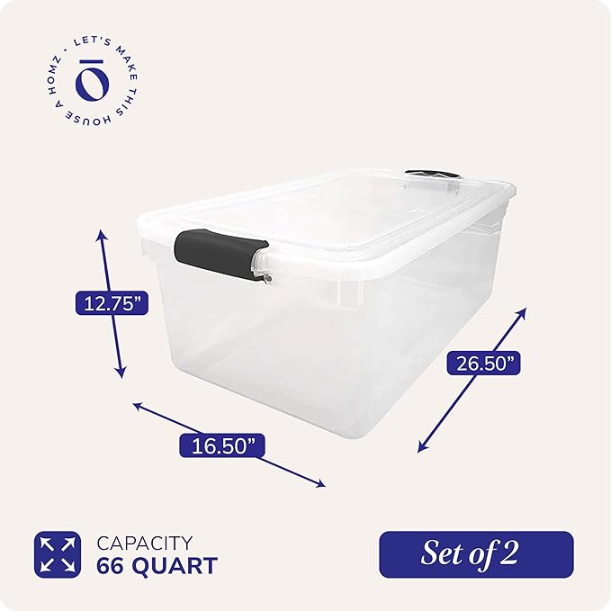 HOMZ 2-Pack Latching Lid, Large Clear Plastic Storage Bins with Lids, 66 Quart, Gray Latch - Stackable Container Boxes for Ho