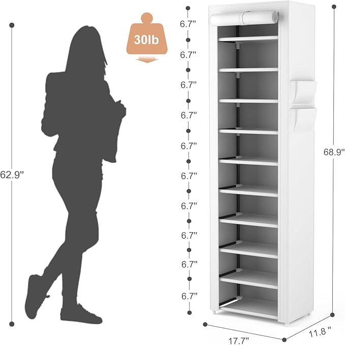VTRIN Vertical Narrow Shoe Rack Organizer Tall Shoe Rack for Closet Entryway 10 Tier Non-Woven Cover Shoe Shelf Holds 20-22 P