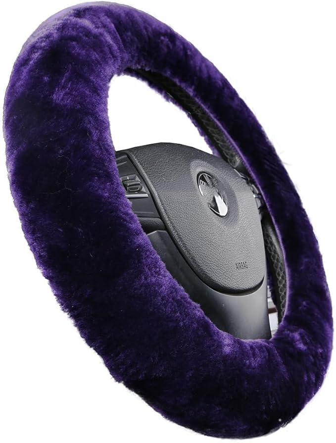 Furry Fluffy Wool Sheepskin car Steering Wheel Cover for Girls Women Universal car 14 1/2-15 1/2inchs (Lilac)