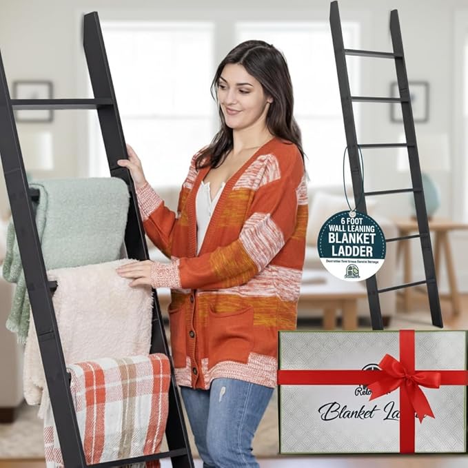Blanket Ladder for The Living Room and Bedroom, 5ft 8 inch, 6-Tier Wall Leaning Laminate Snag Free Material (Black) Rustic De