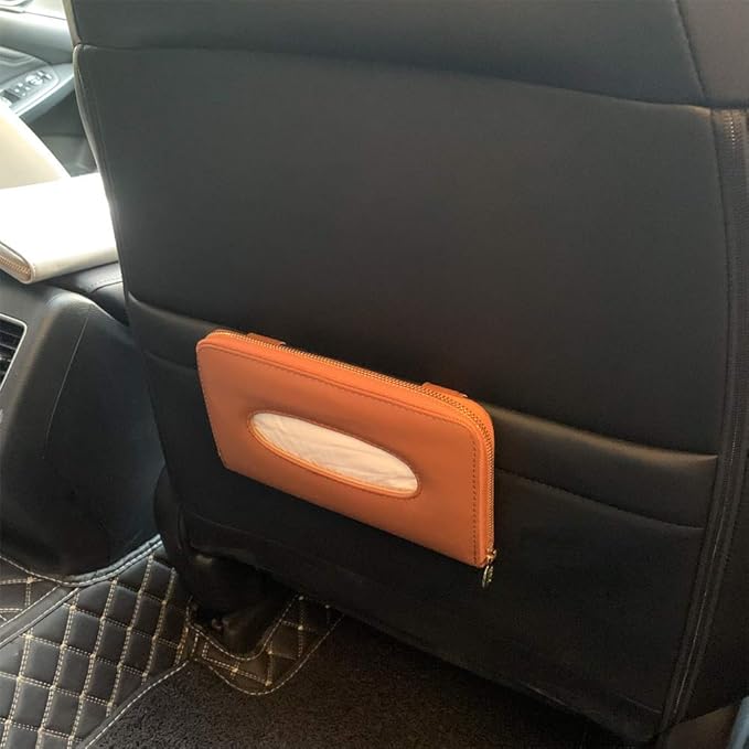 Car Tissue Holder, Sun Visor Tissue Holder, Car Visor Napkin Holder, PU Leather Backseat Tissue Case Holder for Car Vehicle with Zipper (Brown)