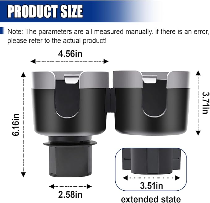 Car Double Cup Holder Extender, Multifunctional 2-in-1 Auto Drink Holder Insert with Adjustable Base, Portable Cup Holders Adapter, Universal Car Beverage Organizer for Bottle, Snack (Grey)