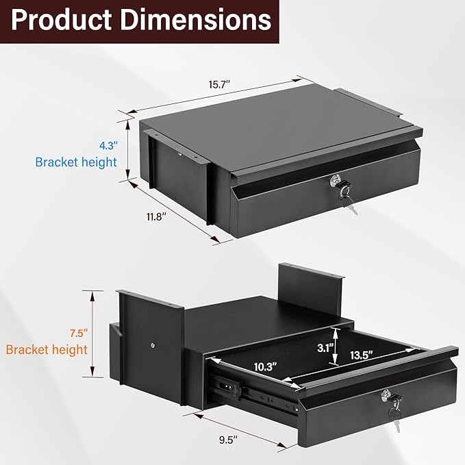 Under Desk Drawer 15.7" x 11.8" x 4.3", Under Desk Pull Out Drawer with Lock and Keys, 4.3” & 7.5” Optional Bracket Height, S