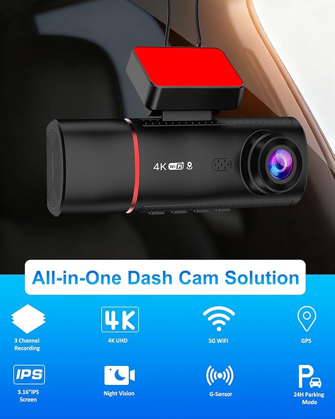 3 Channel Dash Cam Front and Rear Inside, 4K+720P+720P Dashcam, 5GHz WiFi GPS Dash Camera for Cars with 64GB Card, 24H Parkin