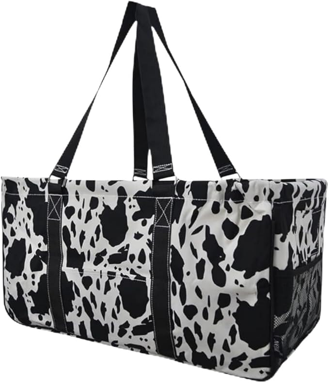 NGIL Extra Large Utility Tote Reusable Grocery Organizing Bag Oversized Collapsible for Storage, Picnic,Car, Beach (Cow Splatter Print-black)