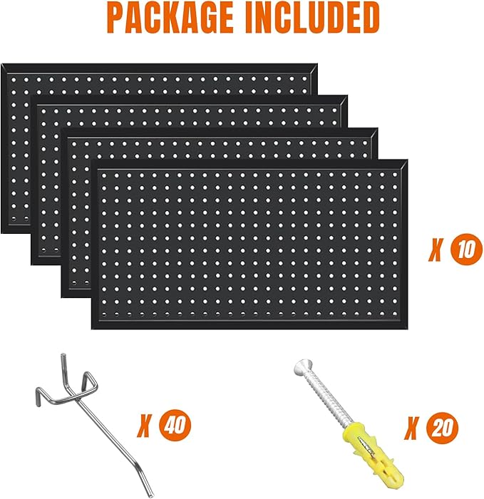 Jack Boss 48x24 Inch Metal Pegboard Wall Organizer, Black Pegboard Panels Tool Organizer Kit with Accessories Hooks and Bins,