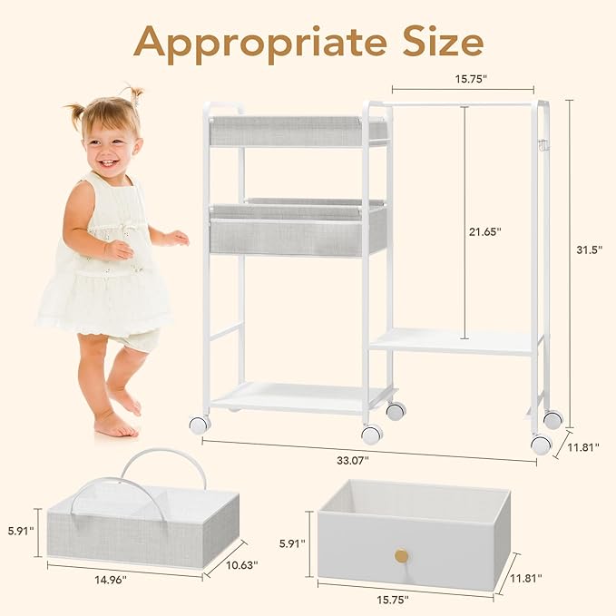 BBLIKE 3in1 Diaper Caddy Organizer - Diaper Caddy & Rolling Diaper Cart with Kids Clothing Rack for Nursery and Baby Essentia