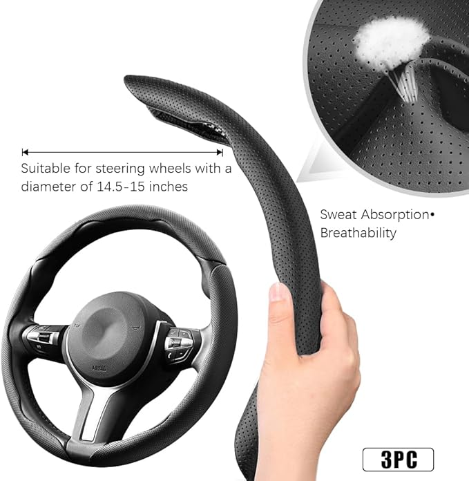 Pincuttee Leather Steering Wheel Cover 3PC,Universal Steering Wheel Protector,Anti Slip Steering Wheel Wrap Cover,Car Interio