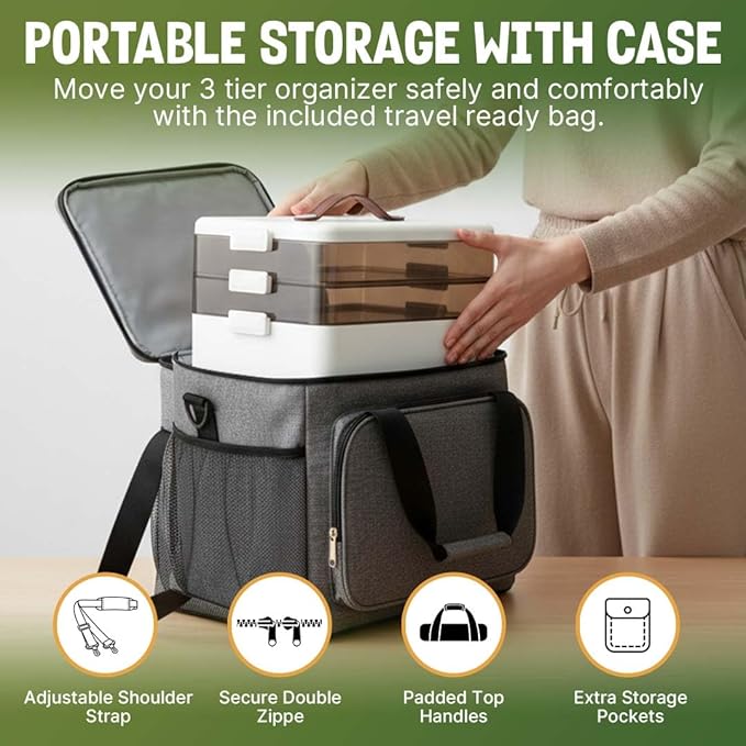 3-Tier Medicine Organizer Box with Protective Carry Bag - Premium Medicine Cabinet Organizer for Home, Travel & Office - Tran