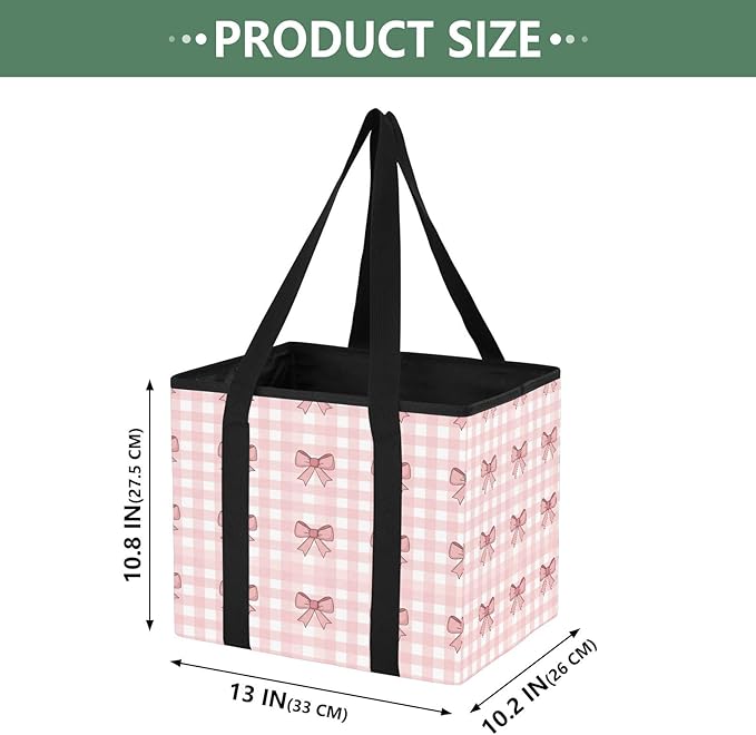 Pink Bows Gingham Reusable Grocery Bags Large Shopping Tote Bag with Reinforced Bottom Board, Water Resistant Foldable Storag