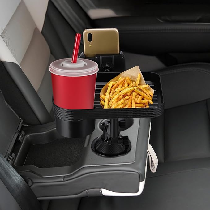 CALLARON Car Cup Holder Tray - Car Trays for Eating, 3-in-1 Adjustable Swivel CAR Food Tray, Universal Vehicle Cup Holder Exp
