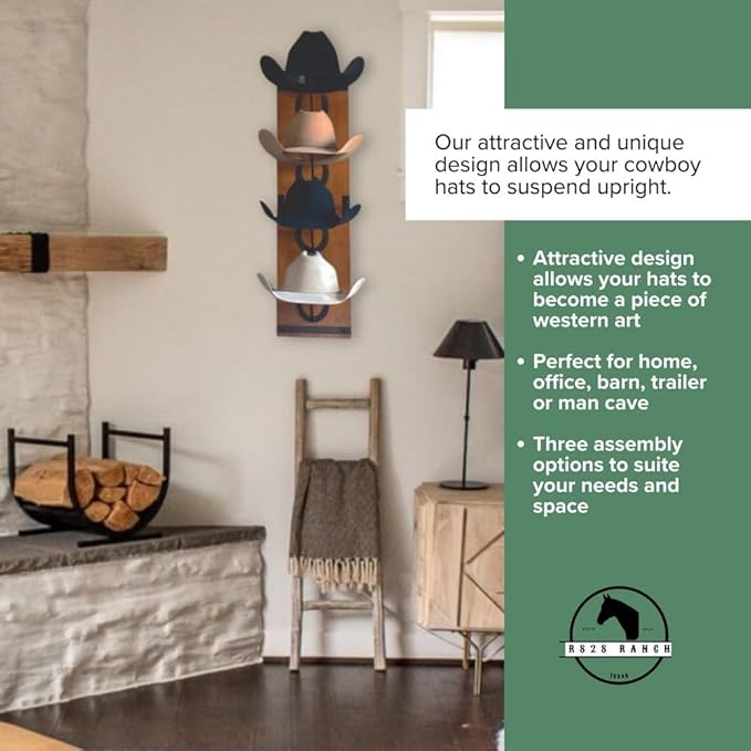 Cowboy Hat Rack For Wall Mount (34.6” x 10.1” x 13.5”) | Wood Cowboy Hat Holder | Hanging Western Hat Rack w/Metal Accents | 