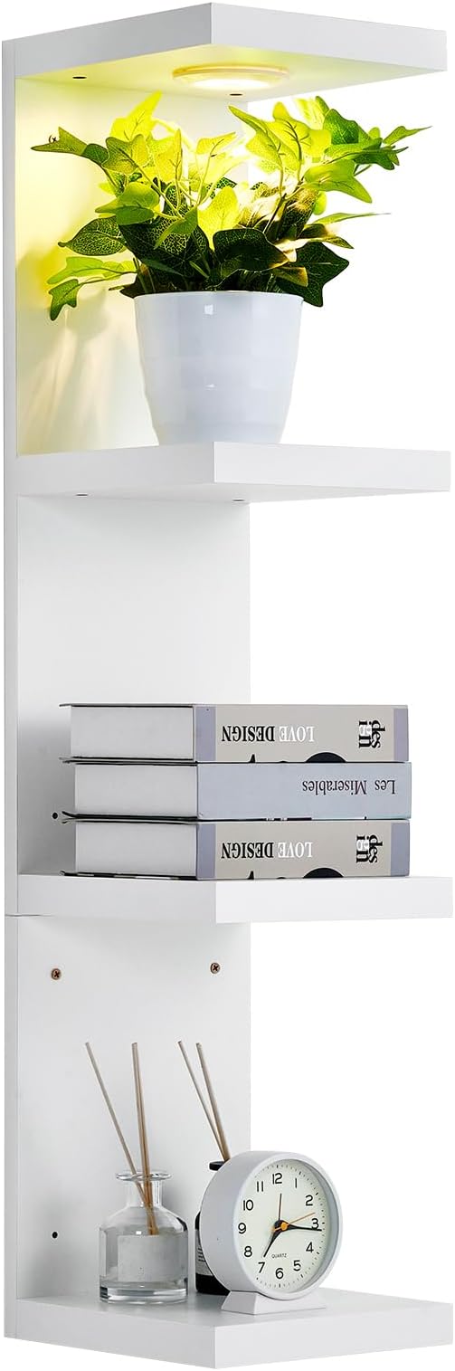 LinTimes 4-Pack Natural Wood & White Floating Shelves Set and 4-Tier LED Wall Shelf Unit with Remote Control – Wall Mounted D