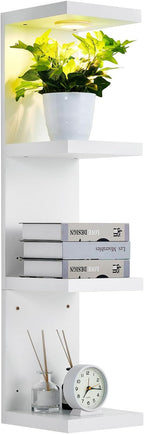 LinTimes 4-Pack Natural Wood & White Floating Shelves Set and 4-Tier LED Wall Shelf Unit with Remote Control – Wall Mounted D
