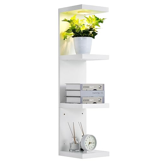 LinTimes 4-Tier LED Wall Shelf with Remote Control, White Floating Shelves Unit, Wall Mounted Display Storage