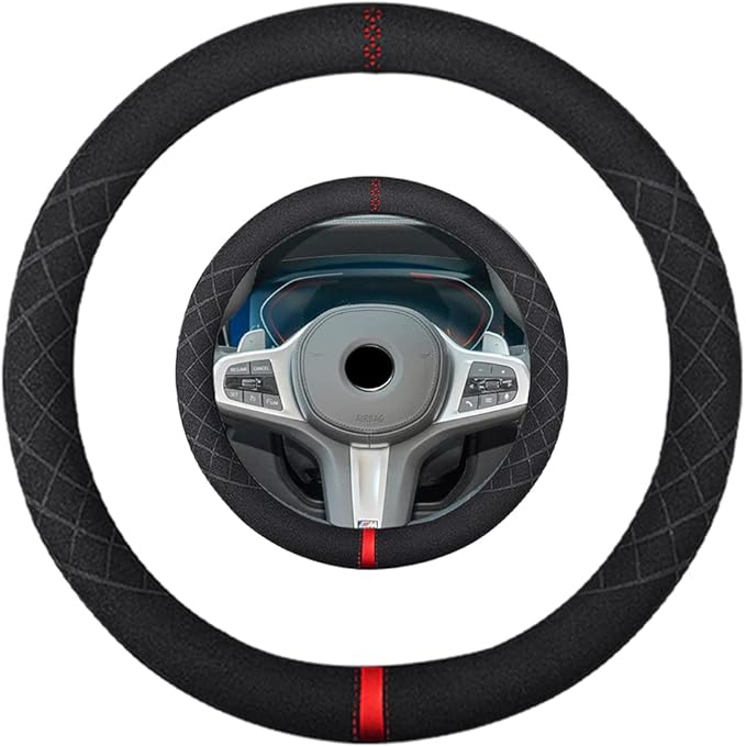Suede Steering Wheel Cover,Compatible with BMW 325 330 525 530 540 745 M3 M5 X5 Suede Leather Sport Non-Slip Wheel Cover Car Interior Accessories 15.5 16 inch for Man and Women