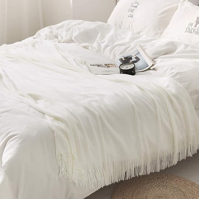 Homiest Decorative Knitted Throw with Fringe, Lightweight Acrylic Knit Blanket, Soft & Cozy Tassel Blanket for Couch, Sofa, B