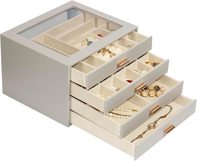 Jewelry Box with Glass Lid, 4-Layer Jewelry Organizer for Women Girls, PU Leather Display Case with 20-Grid Earring Tray & Mo