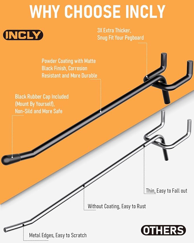 INCLY 60 Pack 6 Inch Black Pegboard Hooks, 1/4" Heavy Duty Peg Board Shelving Hooks Accessories, Peg Board Tool Hangers Only 