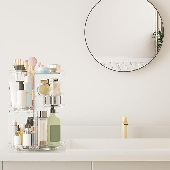 Rotating Makeup Organizer, DIY 8 Adjustable Layers Spinning Skincare Organizer, Cosmetic Display Case with Brush Holder Perfu