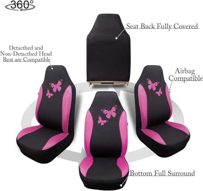 Flying Banner Butterfly car seat Covers ful Set Fashion Universal Lady Woman Female Rear Bench Split Colorized (2 Fronts, Pin