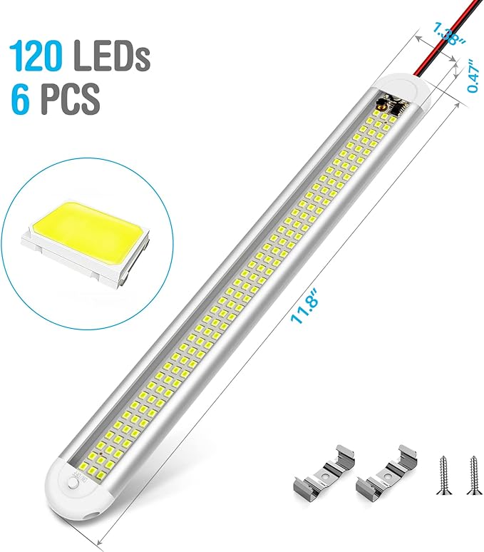 CT CAPETRONIX 12v LED Interior Light Bar, 120LEDs 1500LM 8W DC 12 Volt led Strip Lights with ON/Off Switch, for Enclosed Cargo Trailer, Car RV Van Truck Lorry Camper Boat Caravan Motorhome (6Pack)