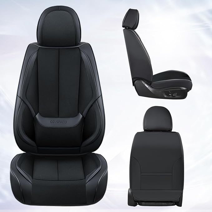 Coverado Front Seat Covers, 2 Pieces Universal Seat Covers for Cars, Breathable Fabric & Leather Car Seat Protectors, Car Sea