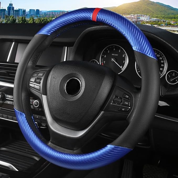 KAFEEK Carbon Fiber Steering Wheel Cover, Universal 15 Inch for Men Women, Breathable Microfiber Leather, Anti-Slip Inner Lin