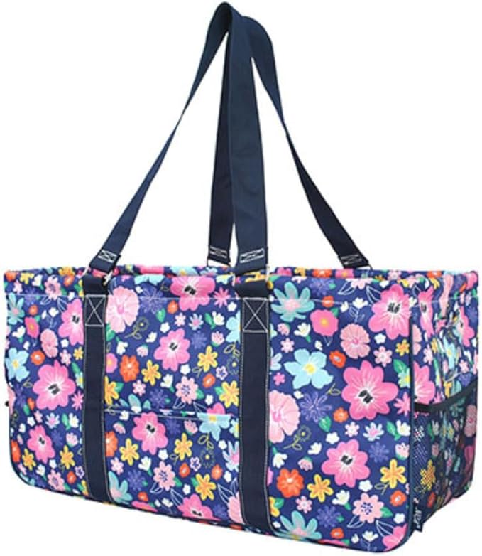 NGIL Extra Large Utility Tote Reusable Grocery Bag Oversized Collapsible for Groceries, Storage, Picnic, Beach (Lilac Floral- Navy)