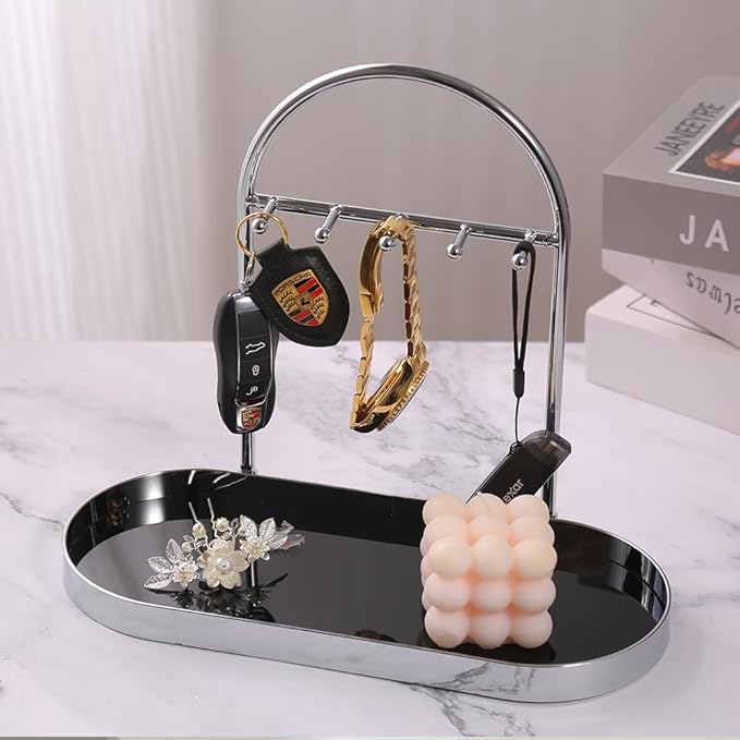 Shinpuru Metal Jewelry Organizer Stand & Key Holder Tray with Acrylic Base, Key Stand and Jewelry Tray with 5 Hooks, Perfect 