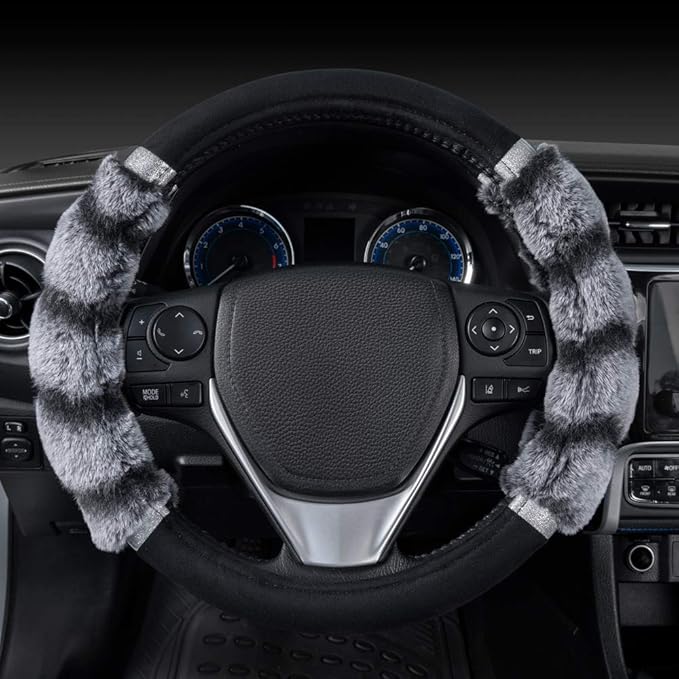 BDK Bear Fur Plush Steering Wheel Cover - Cute Faux Wool Protector for Women Girls Fits Wheels 14.5-15 inch Two Tone Black/Gr