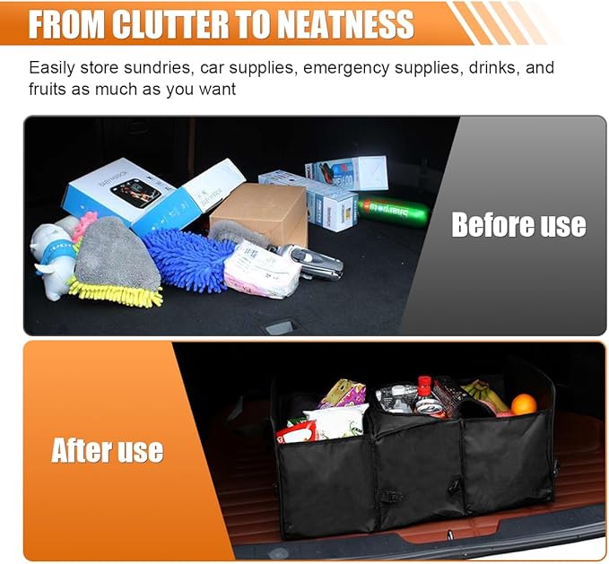 Car Trunk Organizer, Oxford Fabric Waterproof & Anti-Slip Vehicle Storage Box with Leak Proof & Insulated Cooler Bag, Large Cap