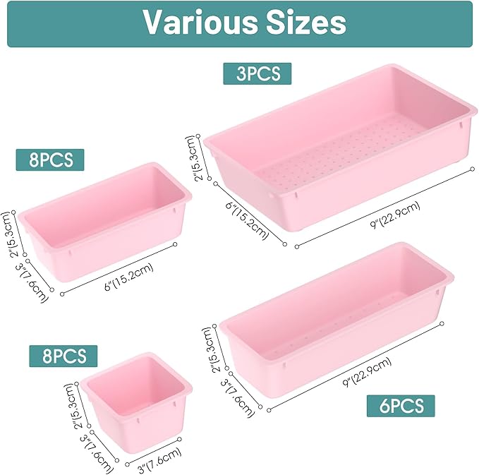 WOWBOX 25 PCS Plastic Drawer Organizer Set, 4 Sizes Desk Drawer Divider Organizers and Storage Bins for Makeup, Jewelry, Gadg