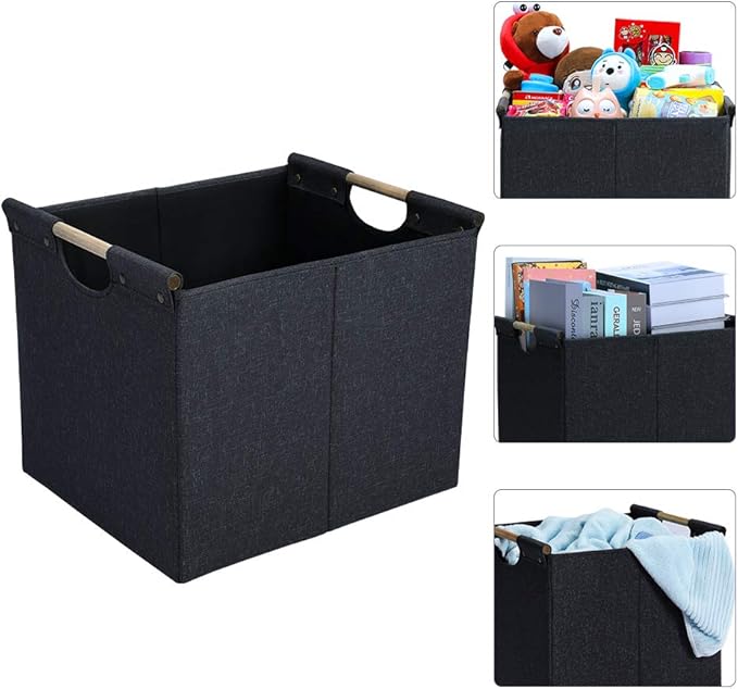 HOONEX Large Collapsible Storage Bins, Linen Fabric, 2 Pack, Storage Baskets with Wooden Carry Handles and Sturdy Heavy Cardb