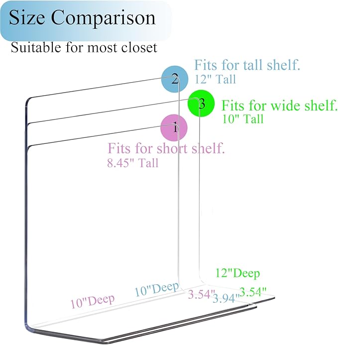 Shelf Dividers for Closet Organization: 12" Tall Acrylic Closet Dividers for Shelves - Clear Free Standing Shelf Separators f