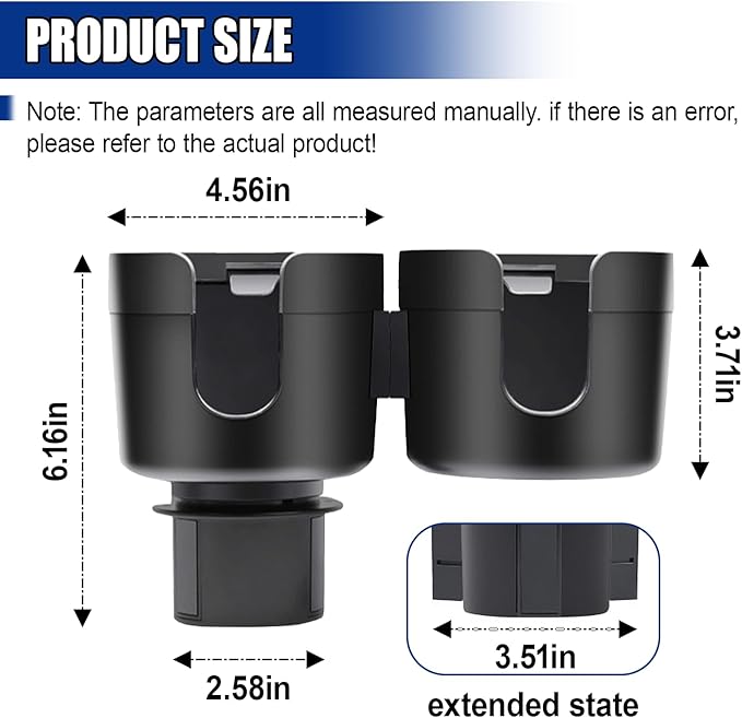 Car Double Cup Holder Extender, Multifunctional 2-in-1 Auto Drink Holder Insert with Adjustable Base, Portable Cup Holders Adapter, Universal Car Beverage Organizer for Bottle, Snack (Black)