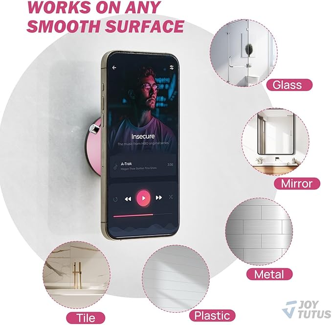 JOYTUTUS Shower Phone Holder, Reusable Suction Cup Phone Mount for Shower, Mirror, Kitchen, Window & Bathroom, Shower Phone Mount Compatible with iPhone 16, 15, 14, 13, 12 & All Phones,Pink,1 Pack