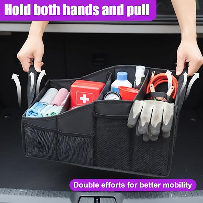 Car Seat Organizer, Collapsible Passenger Seat Organizer with 4 Compartments & 7 Mesh Pockets, Auto Front/back Seats Storage Box, Vehicle Travel Organize Accessory for Kids, Adults (Black)