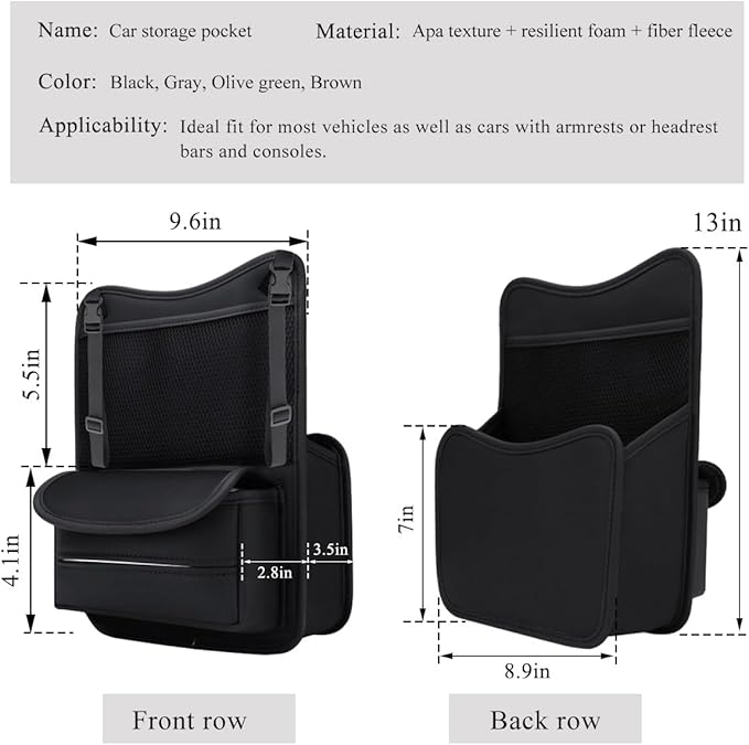 Car Organizer Storage Between Seats, Leather Large Capacity Automobile Handbag Hanging Store Content Bag, Auto Console Organizer Holder for Snack Phone Document Storages, Car Accessories (Black)