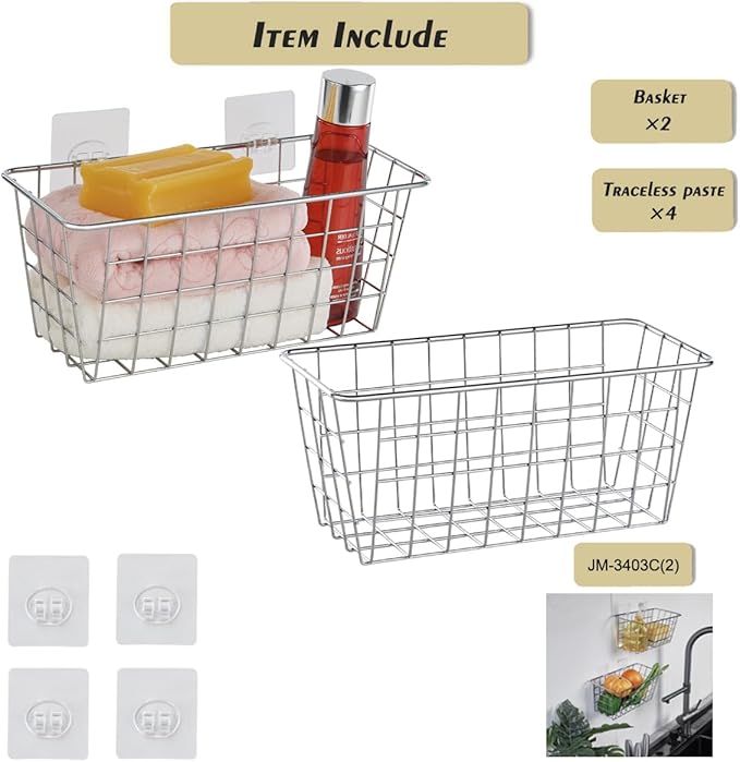 JUNCHU CHERRY 2 Pack Hanging Storage Basket, Bathroom Basket, Household Goods, with Traceless Tape, no Drilling, for Cabinet 