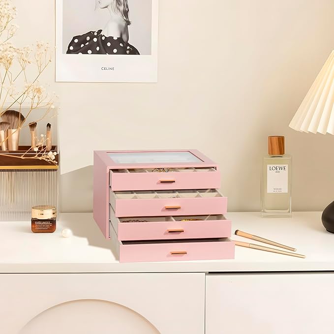 Jewelry Box with Glass Lid, 4-Layer Jewelry Organizer for Women Girls, PU Leather Display Case with 20-Grid Earring Tray & Mo
